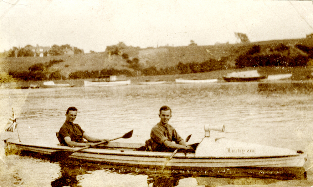 Regge & Pat in their kayak, Lucky 13, on the river Dee, Chester